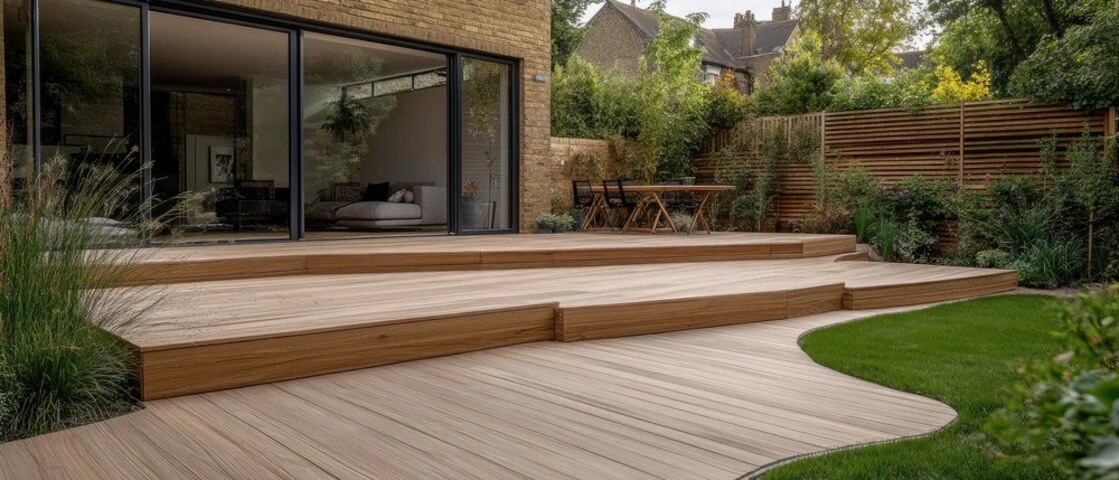 Professional deck builders installing a new backyard deck for a Sacramento home